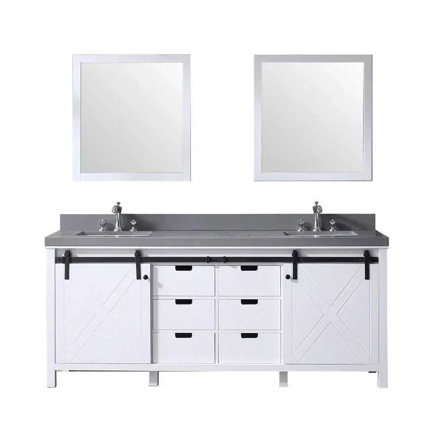 Marsyas 84" Ash Grey Double Vanity, White Quartz Top, White Square Sinks and 34" Mirrors w/ Faucets